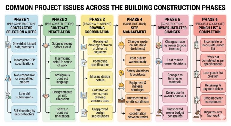 Infographic showing the six phases of construction project issues, from contractor selection and RFP gaps to design coordination and punch list disputes.